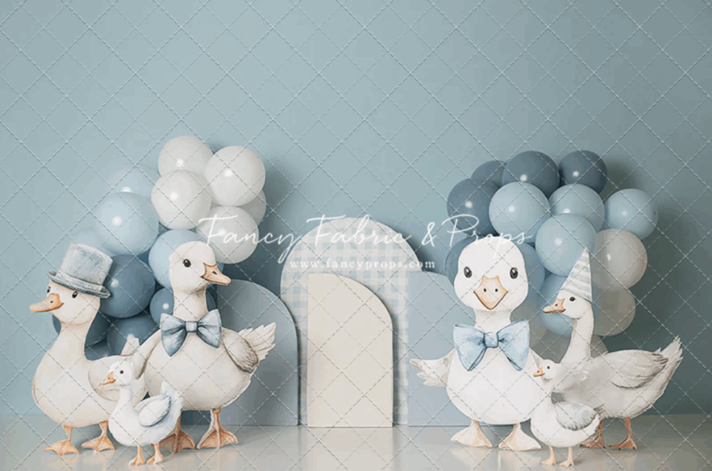 Backdrop set for cake smash session with silly goose theme.
