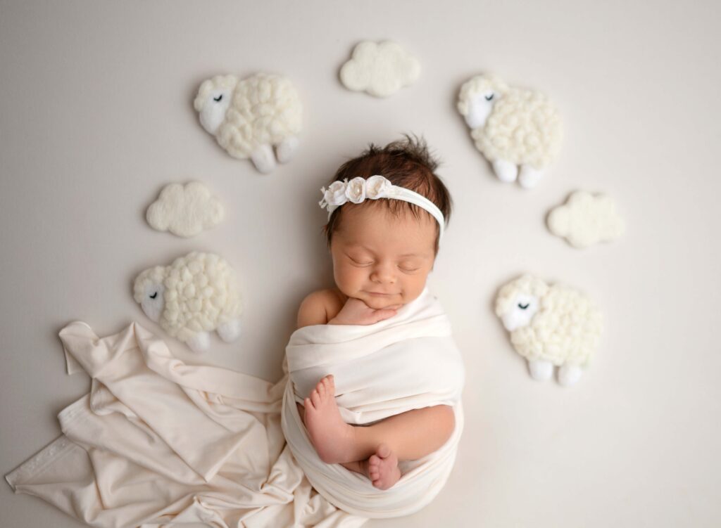 Baby wrapped and sleeping with felted sheep and clouds around her.